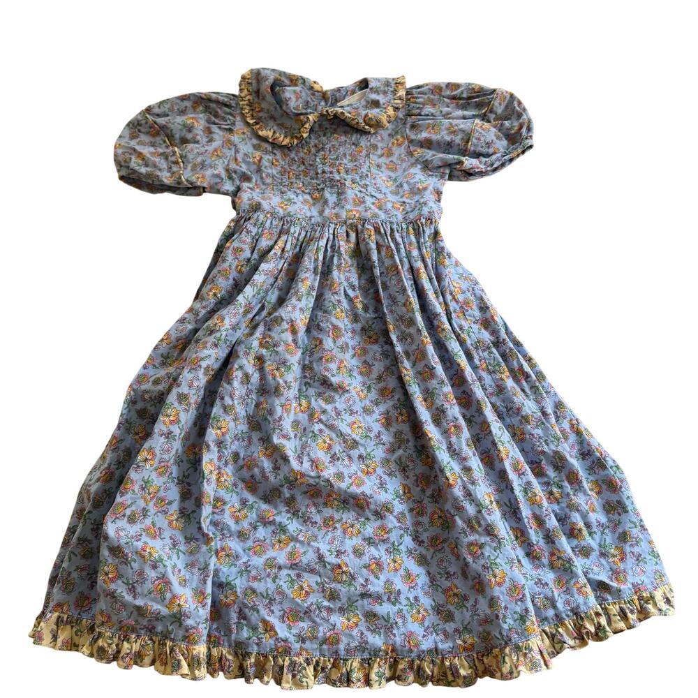 Vtg Y2K 2000s 90s Blue Ditsy Floral Peter Pan Collar Ruffle Cottagecore Size 5